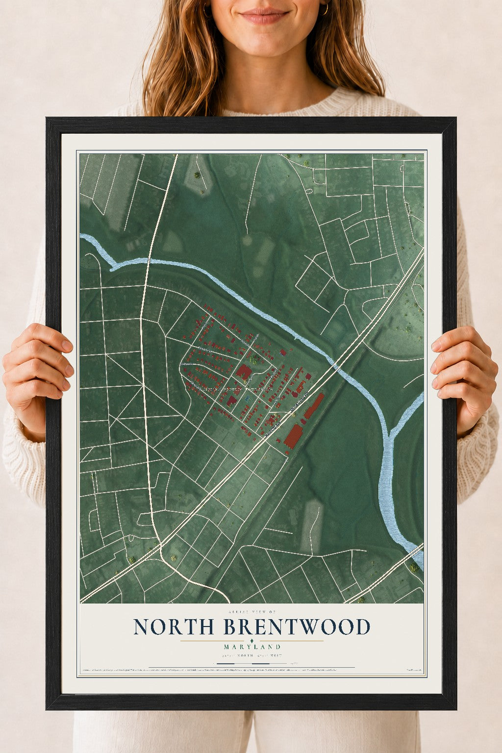 Map of North Brentwood, Maryland, 18 x 24 inch print in a black wood frame