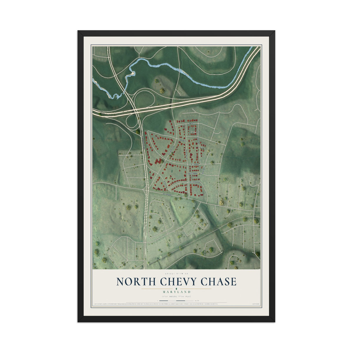 Map of North Chevy Chase, Maryland, 12 x 18 inch print in a black wood frame