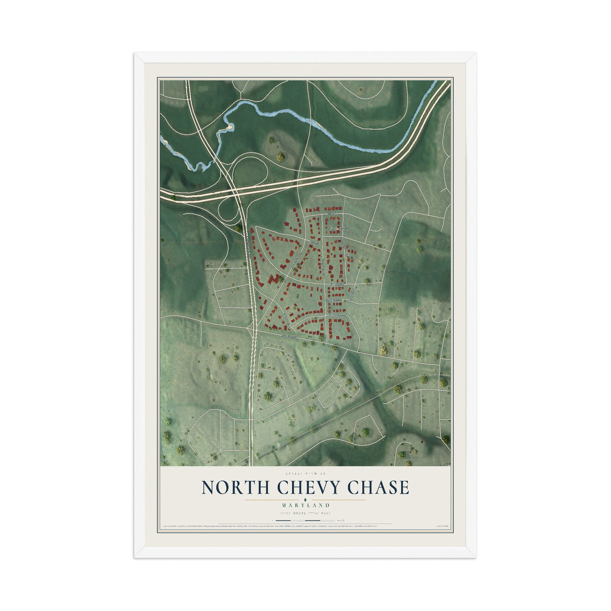 Map of North Chevy Chase, Maryland, 12 x 18 inch print in a white wood frame
