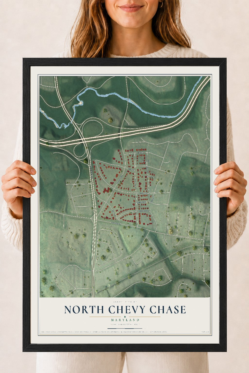 Map of North Chevy Chase, Maryland, 18 x 24 inch print in a black wood frame