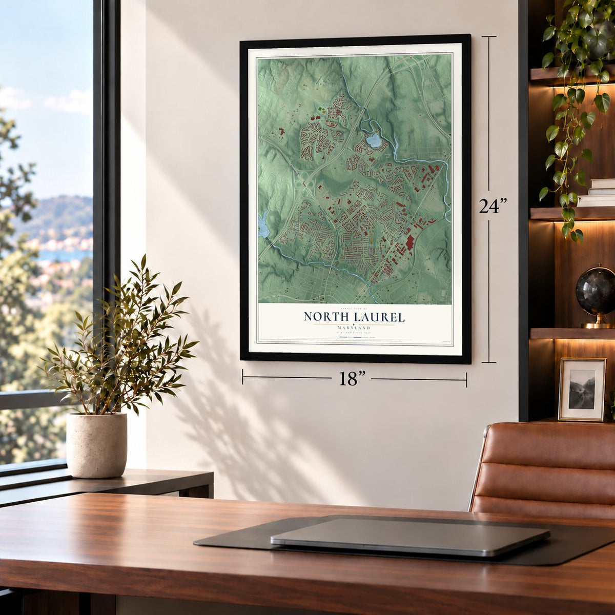 North Laurel, Maryland map, 18 x 24 inch print in a black frame in a home office