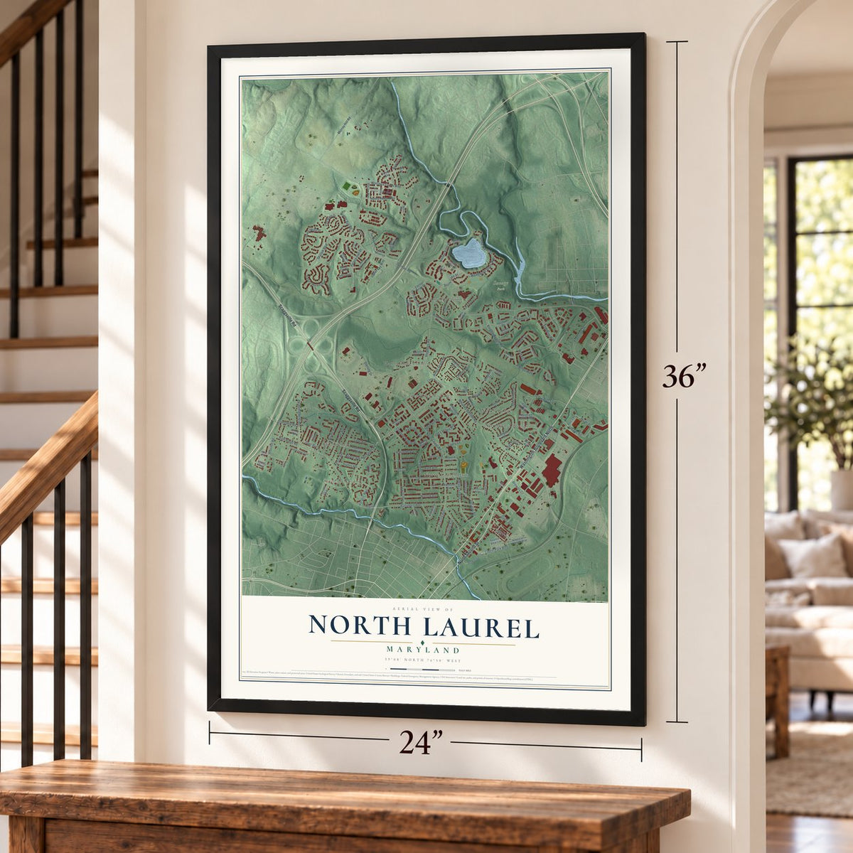 North Laurel, Maryland map, 24 x 36 inch print in a black frame by a staircase