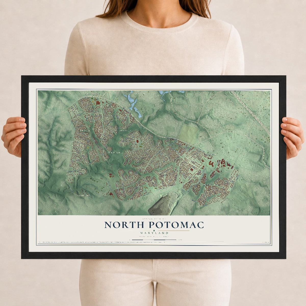 Map of North Potomac, Maryland, 12 x 18 inch print in a black wood frame