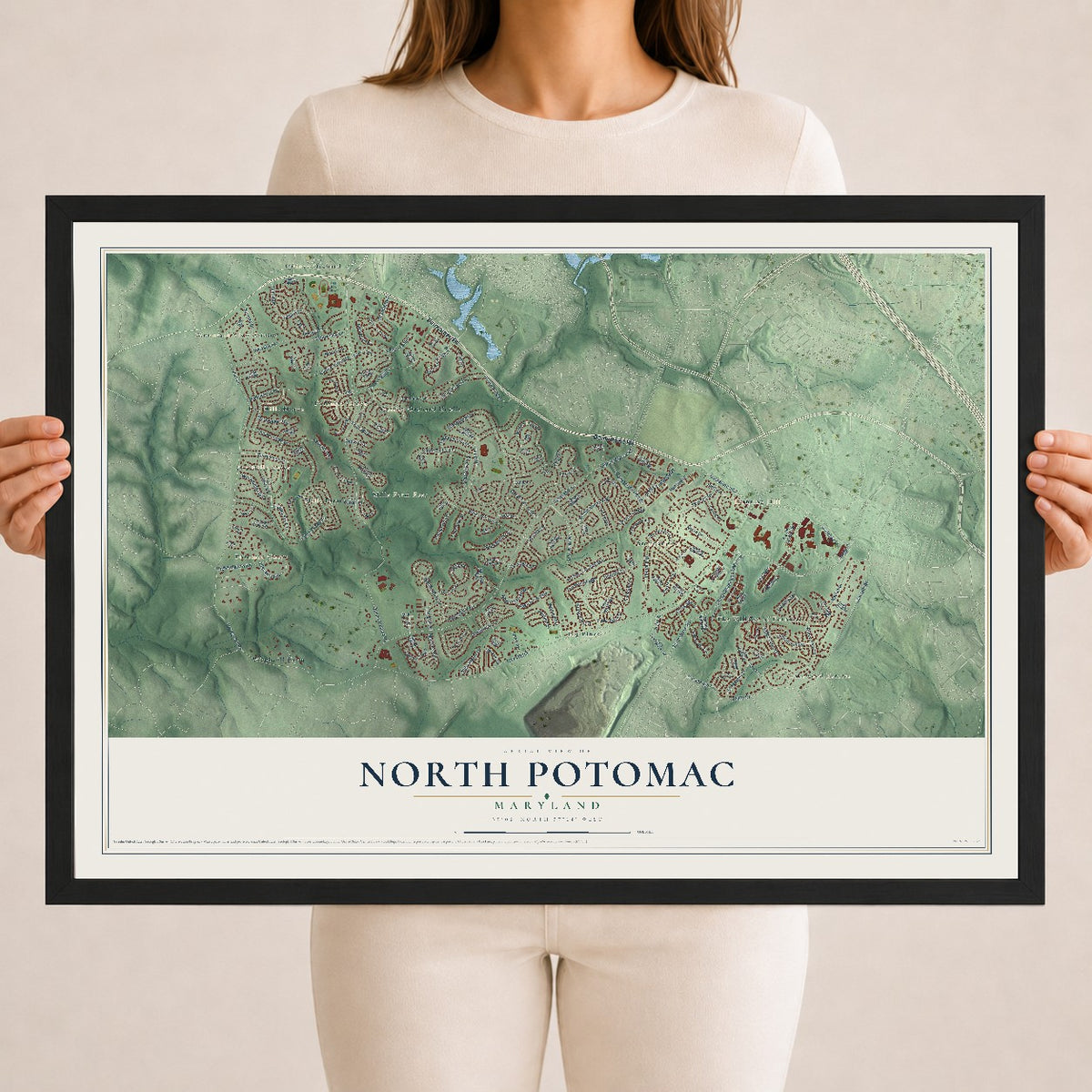 Map of North Potomac, Maryland, 18 x 24 inch print in a black wood frame