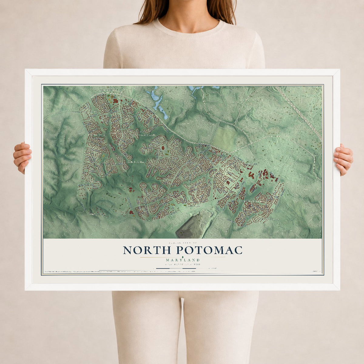 Map of North Potomac, Maryland, 24 x 36 inch print in a white wood frame