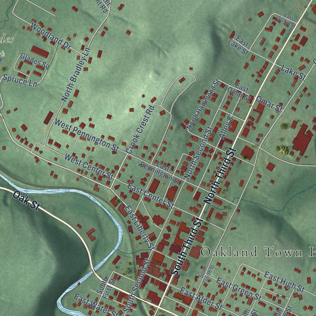 Close-up of the map of Oakland, Maryland print showing street and building detail