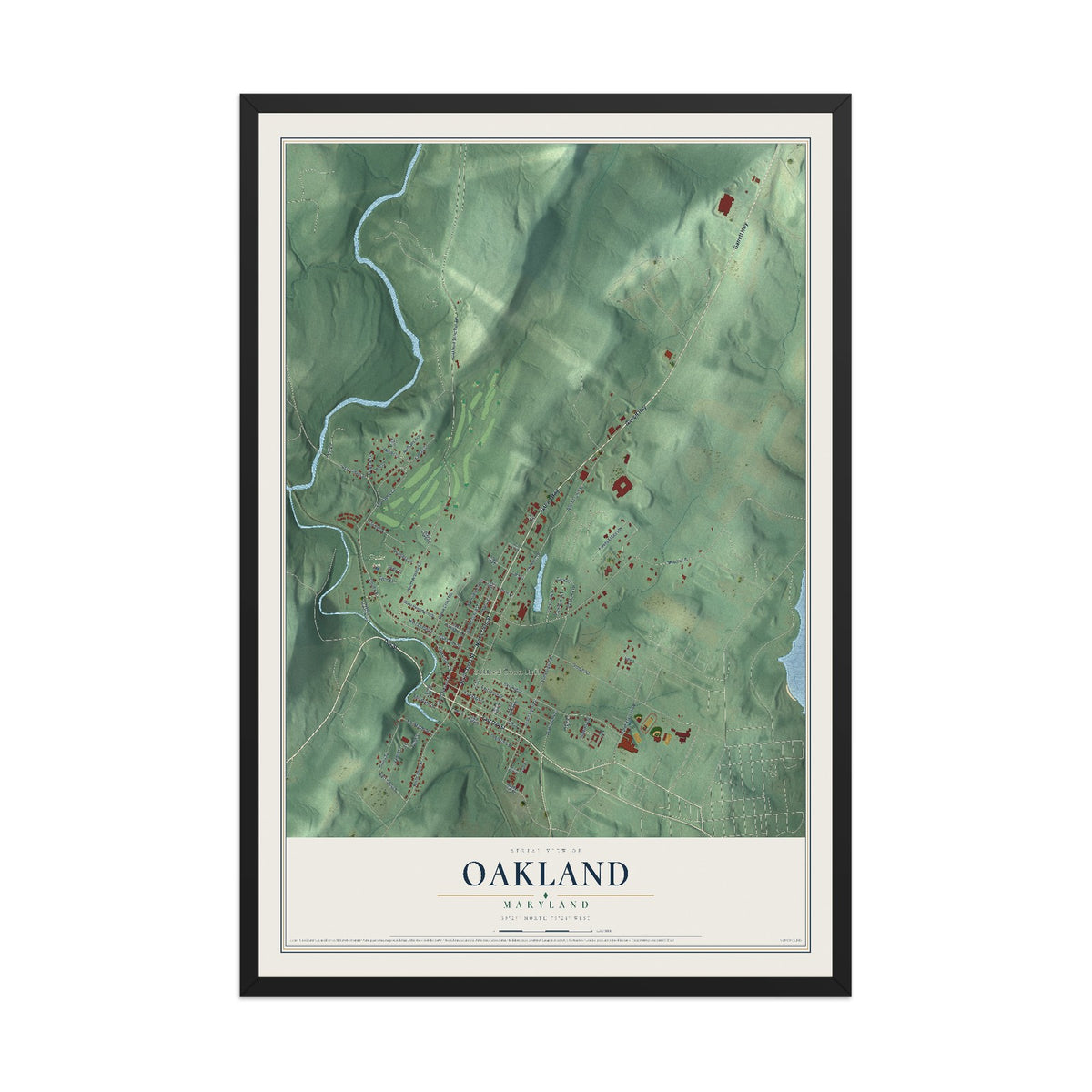 Map of Oakland, Maryland, 12 x 18 inch print in a black wood frame