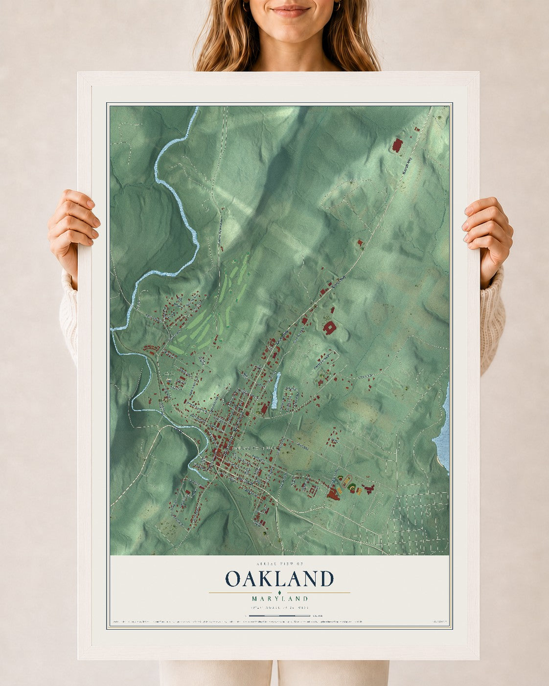 Map of Oakland, Maryland, 24 x 36 inch print in a white wood frame