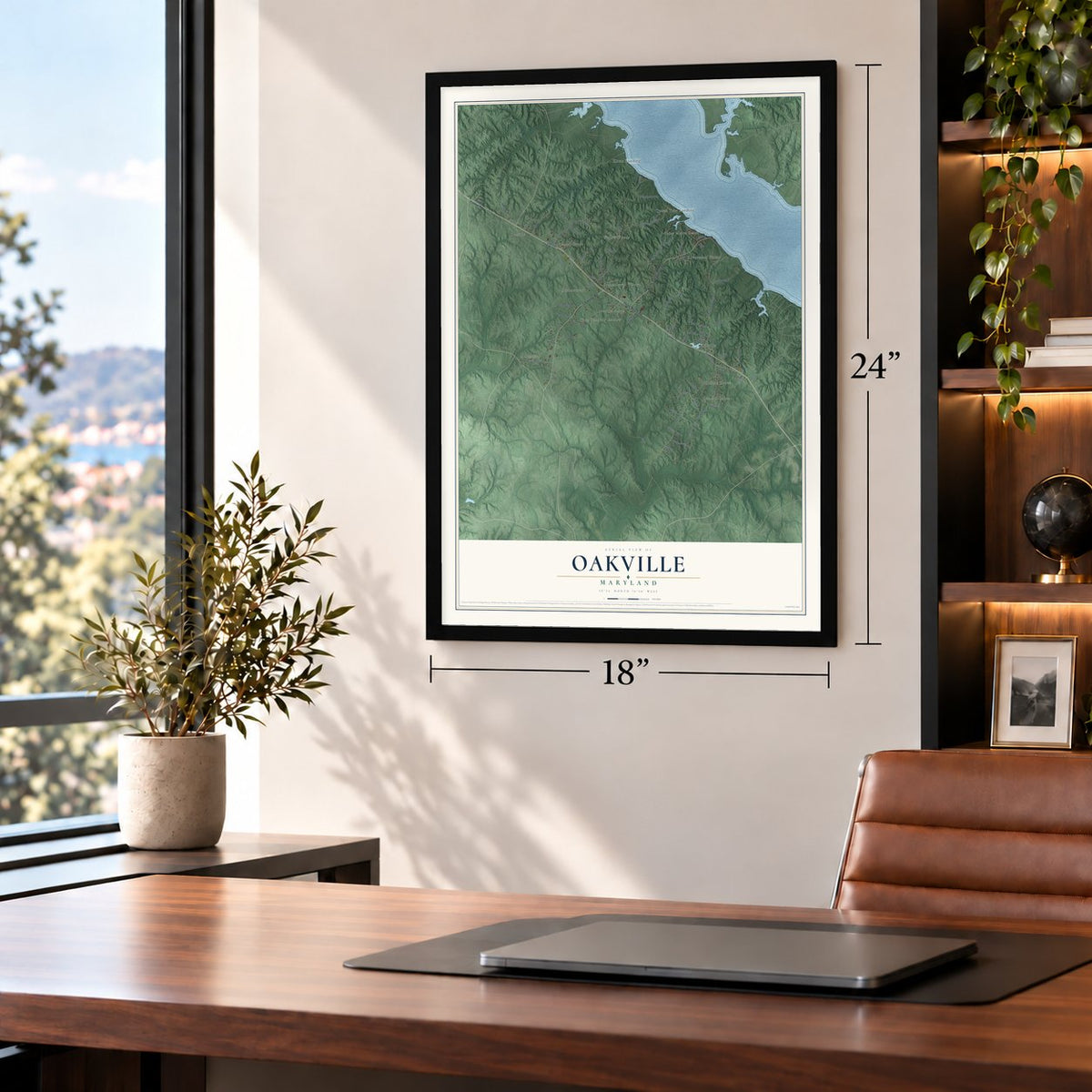 Oakville, Maryland map, 18 x 24 inch print in a black frame in a home office