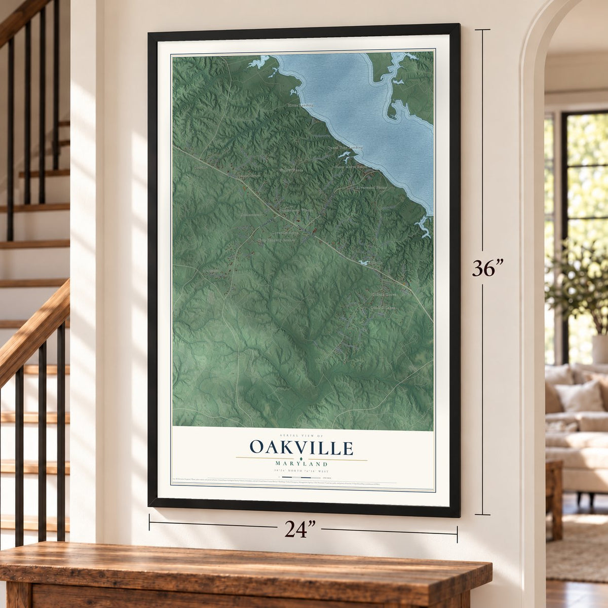 Oakville, Maryland map, 24 x 36 inch print in a black frame by a staircase
