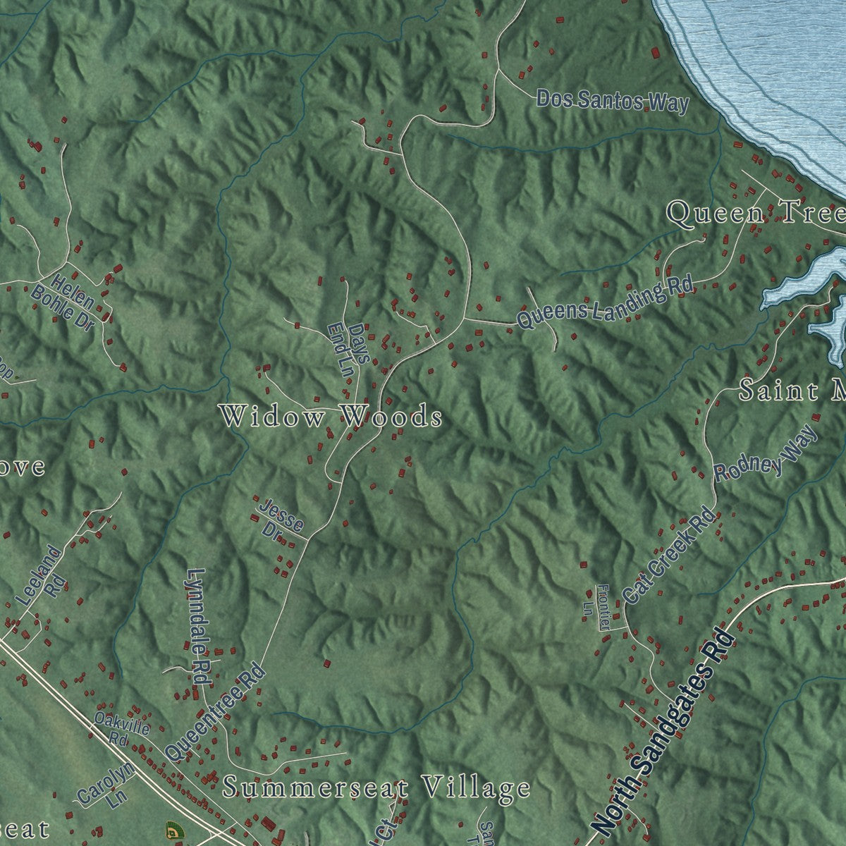 Close-up of the map of Oakville, Maryland print showing street and building detail