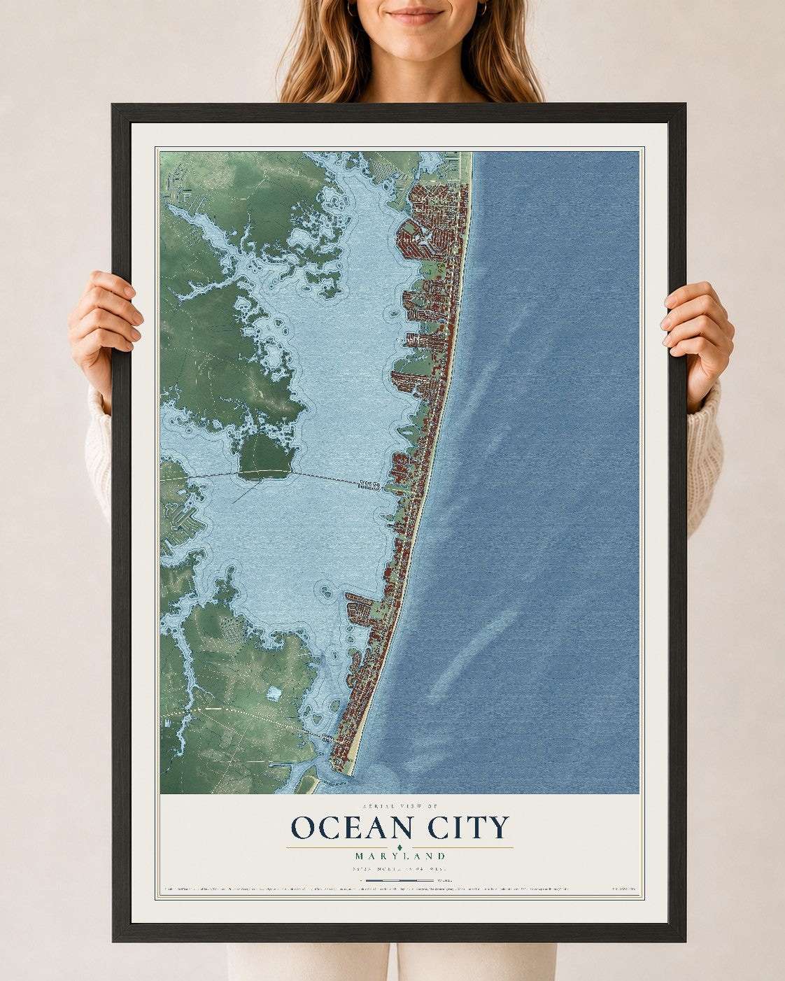 Map of Ocean City, Maryland, 24 x 36 inch print in a black wood frame