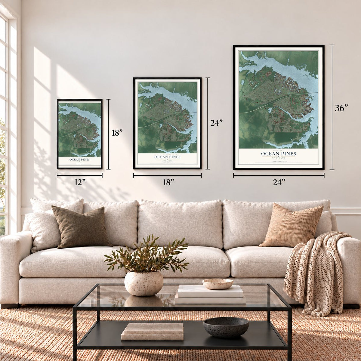 Ocean Pines, Maryland map in 12 x 18, 18 x 24 and 24 x 36 inch sizes above a sofa