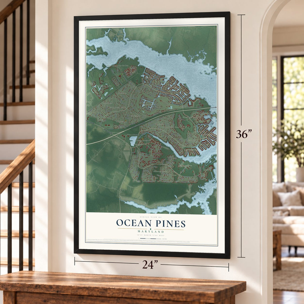 Ocean Pines, Maryland map, 24 x 36 inch print in a black frame by a staircase