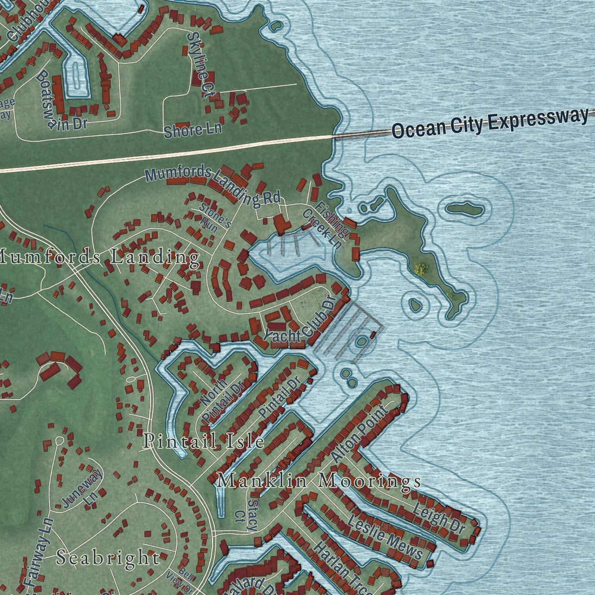 Close-up of the map of Ocean Pines, Maryland print showing street and building detail