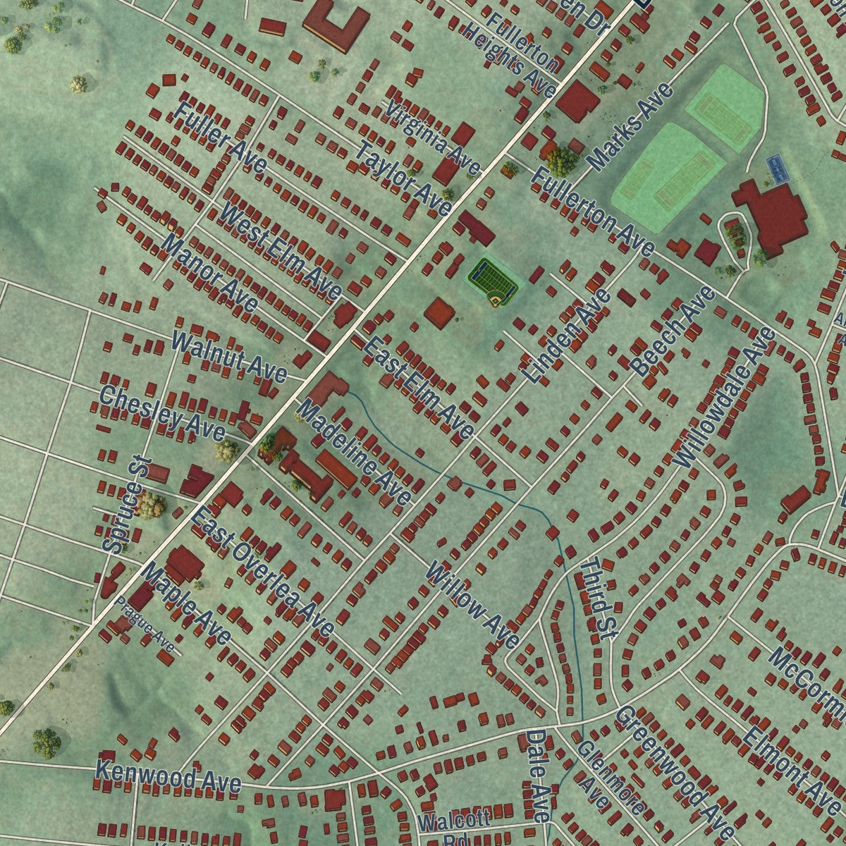 Close-up of the map of Overlea, Baltimore County, Maryland print showing street and building detail