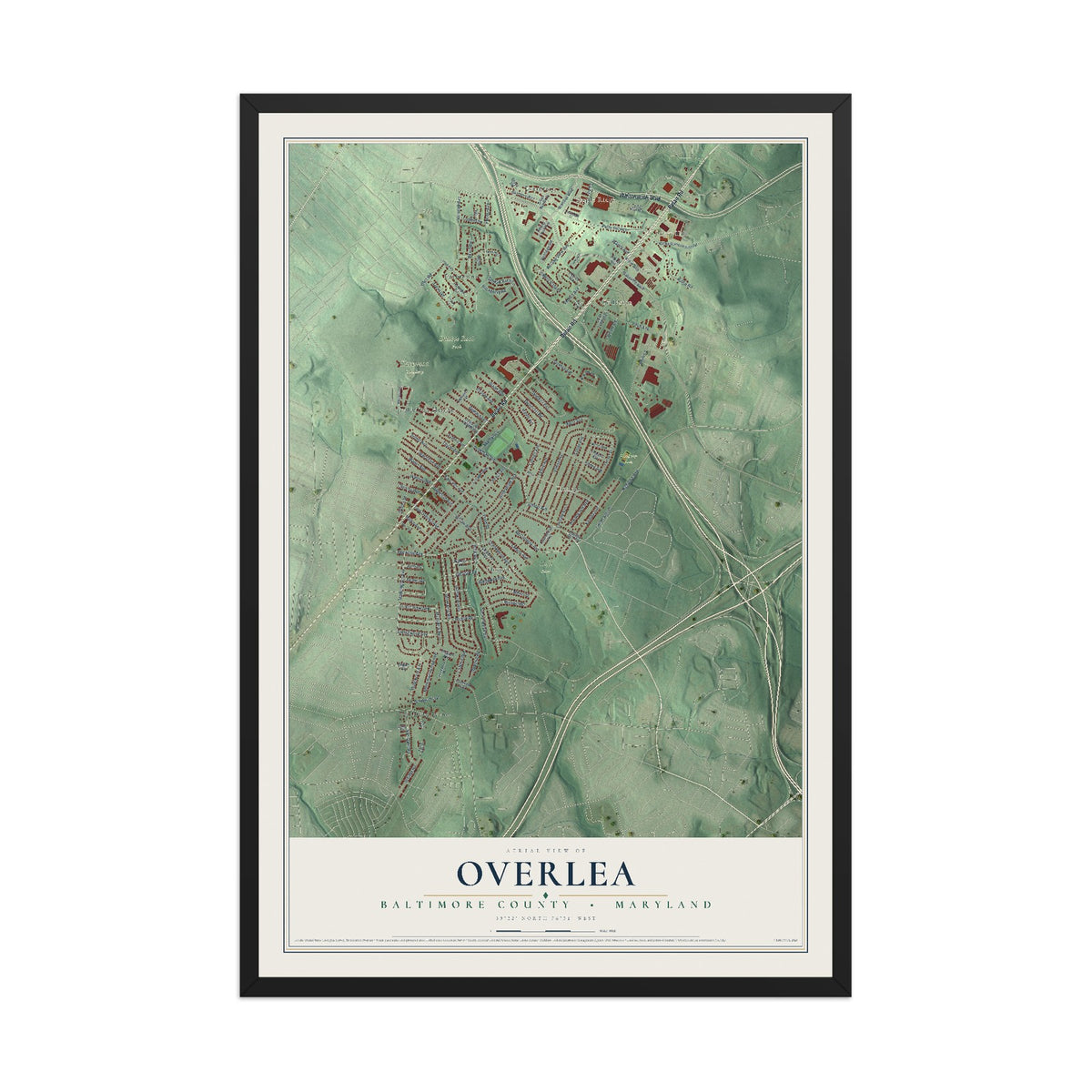 Map of Overlea, Baltimore County, Maryland, 12 x 18 inch print in a black wood frame