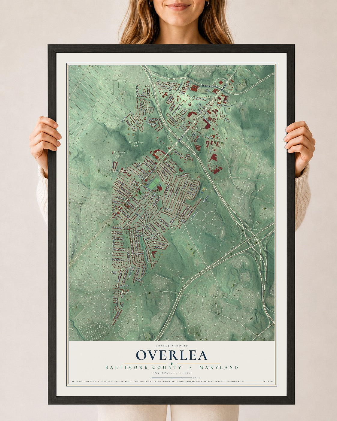 Map of Overlea, Baltimore County, Maryland, 24 x 36 inch print in a black wood frame