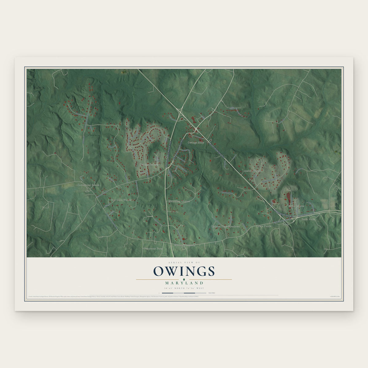 Owings, Maryland map print, the full design