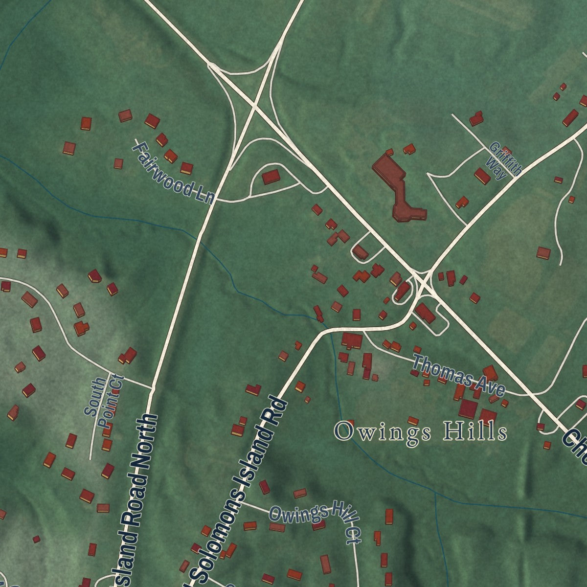 Close-up of the map of Owings, Maryland print showing street and building detail