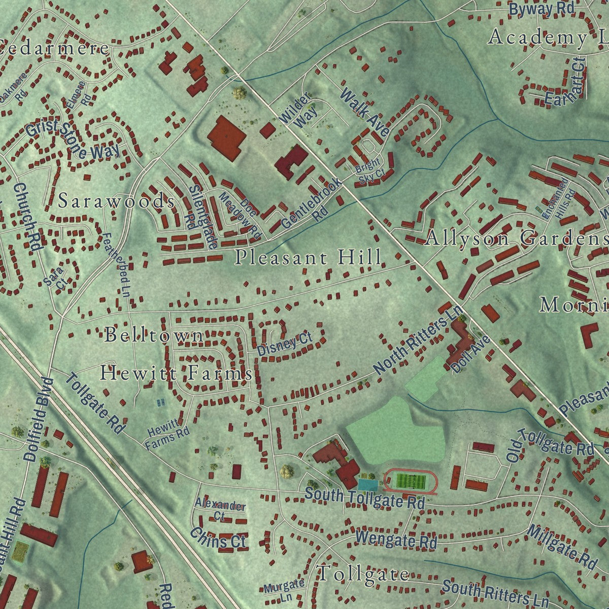 Close-up of the map of Owings Mills, Maryland print showing street and building detail