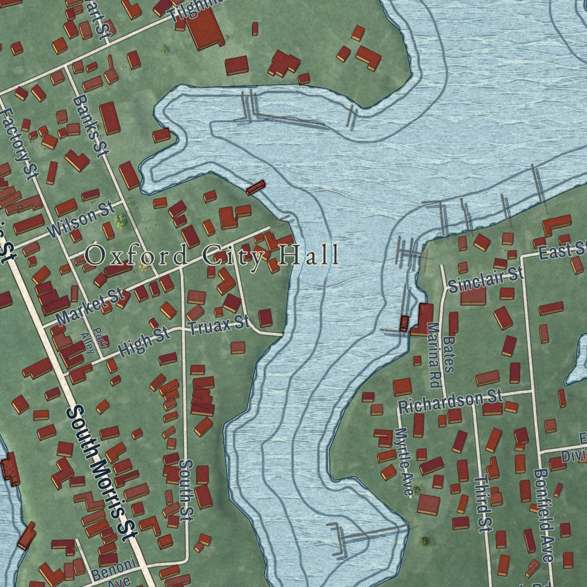 Close-up of the map of Oxford, Maryland print showing street and building detail
