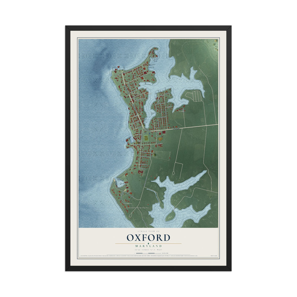 Map of Oxford, Maryland, 12 x 18 inch print in a black wood frame