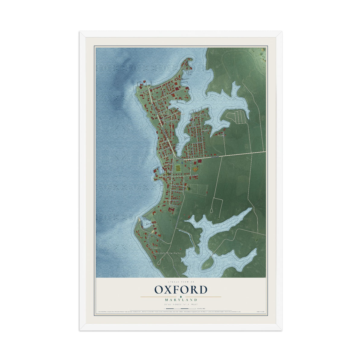 Map of Oxford, Maryland, 12 x 18 inch print in a white wood frame