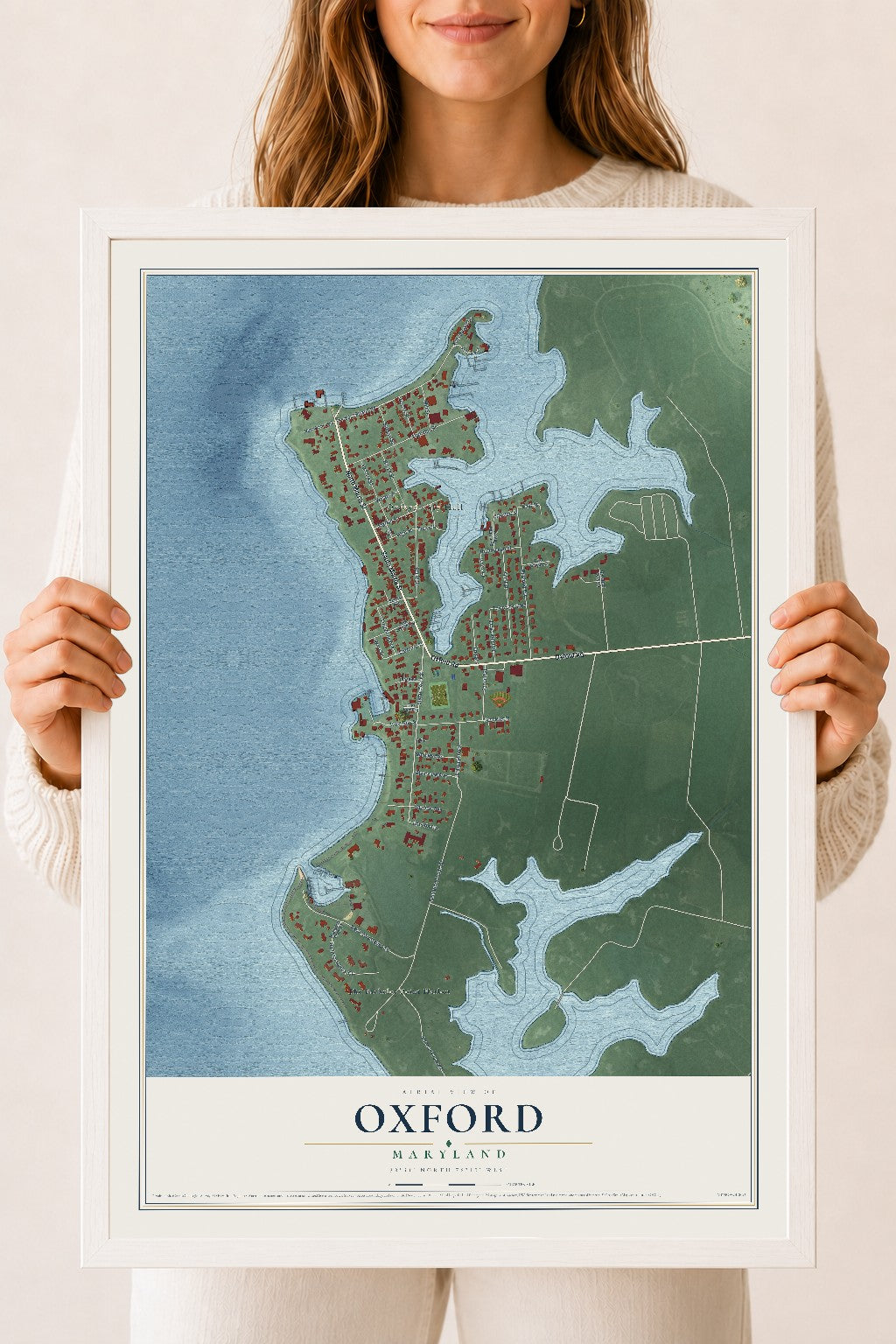 Map of Oxford, Maryland, 18 x 24 inch print in a white wood frame