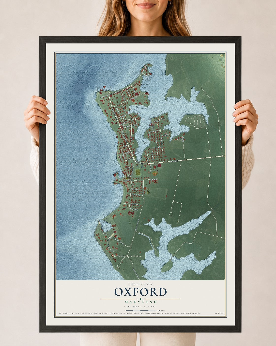 Map of Oxford, Maryland, 24 x 36 inch print in a black wood frame