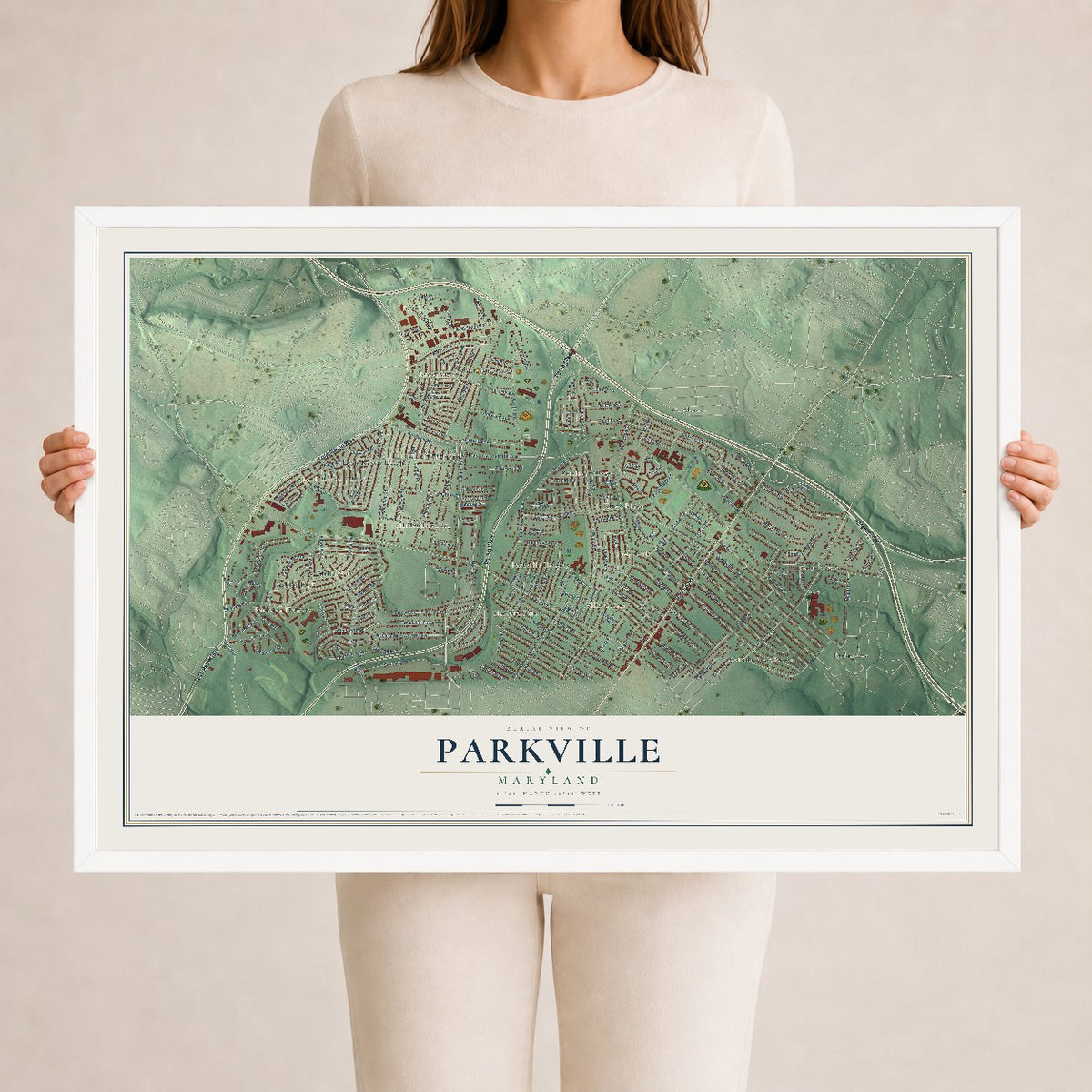 Map of Parkville, Maryland, 24 x 36 inch print in a white wood frame