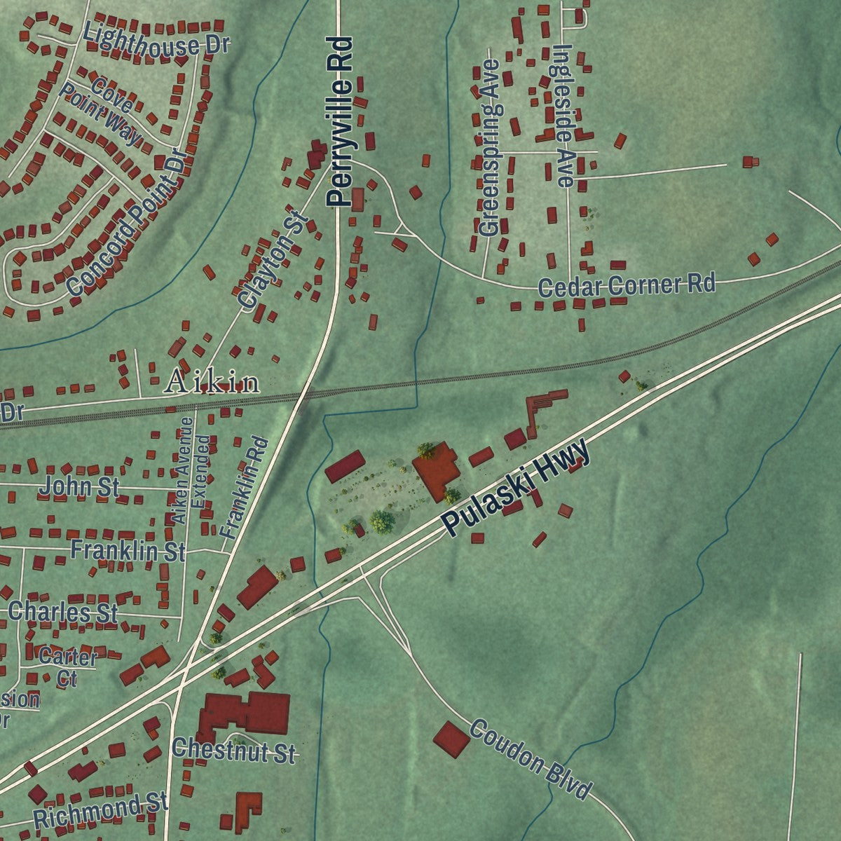 Second close-up of the map of Perryville, Maryland print showing more streets and buildings