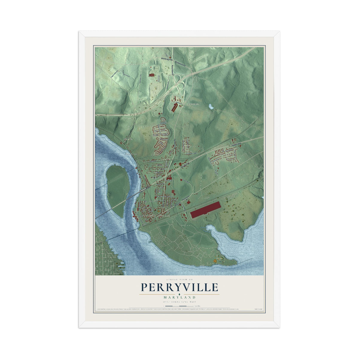 Map of Perryville, Maryland, 12 x 18 inch print in a white wood frame