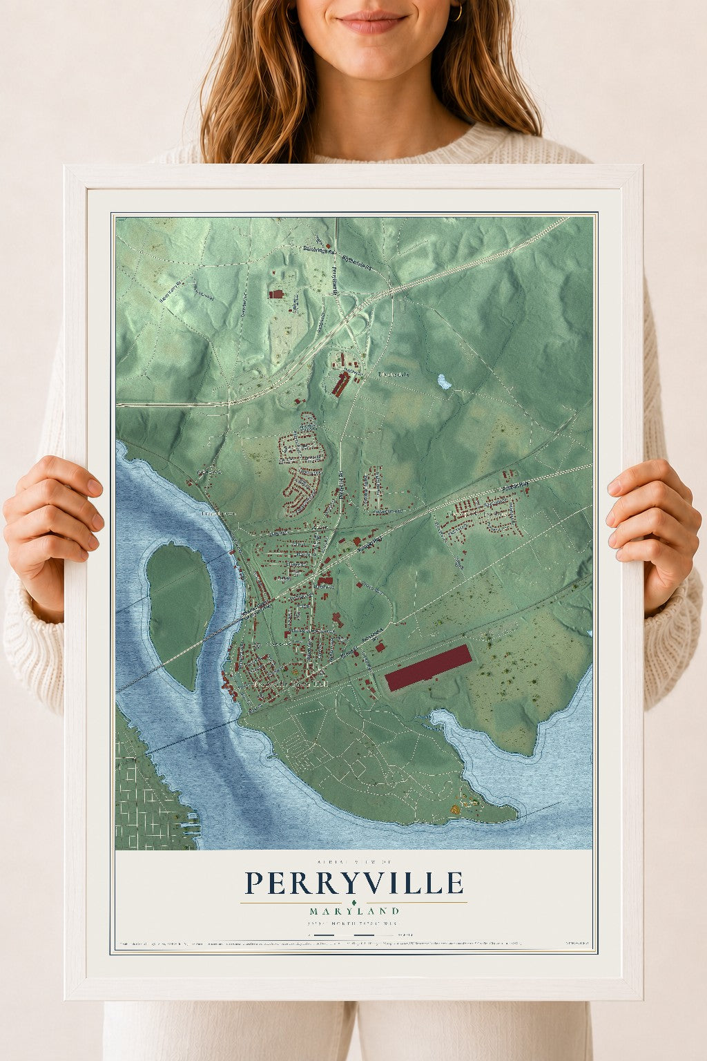 Map of Perryville, Maryland, 18 x 24 inch print in a white wood frame