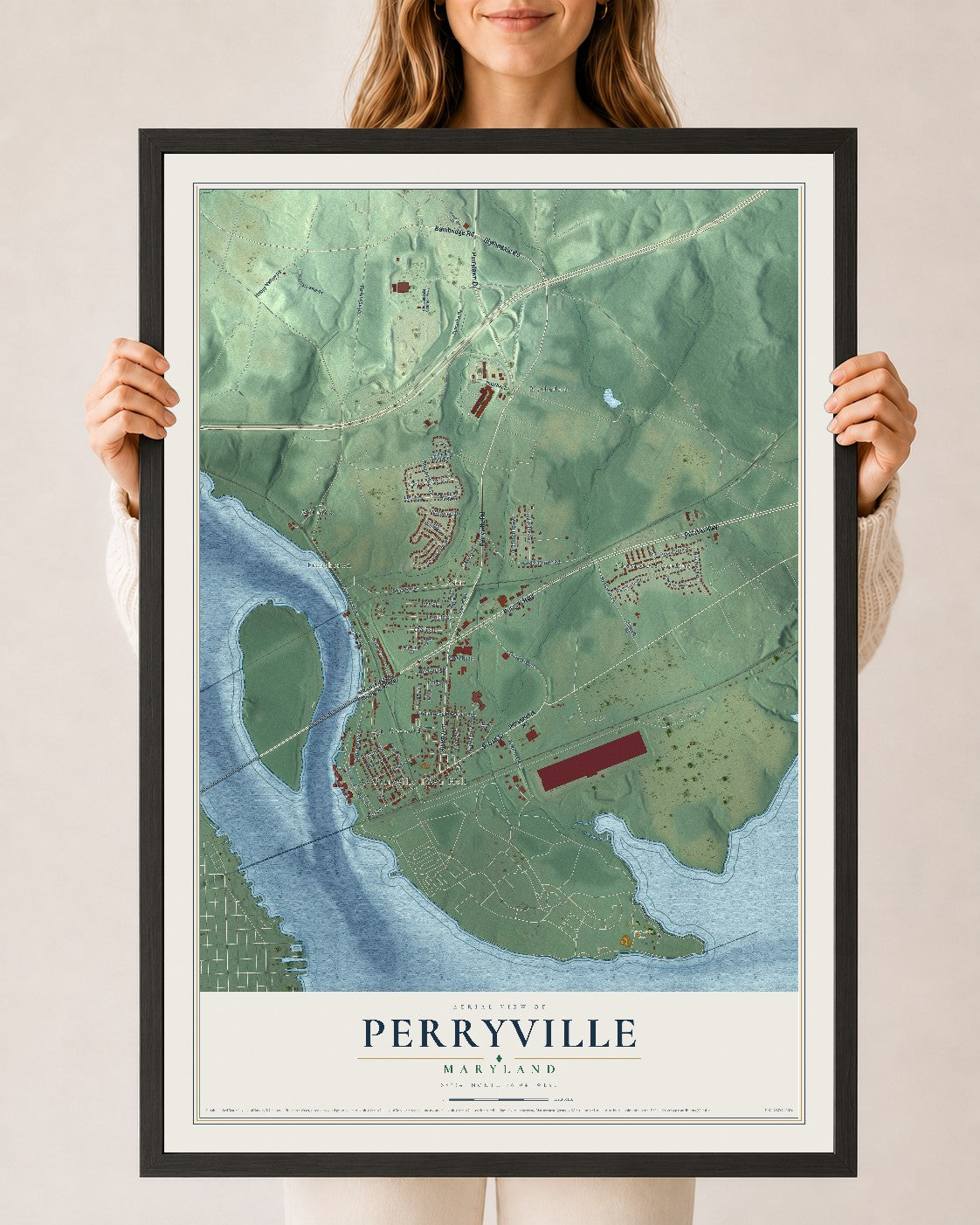 Map of Perryville, Maryland, 24 x 36 inch print in a black wood frame