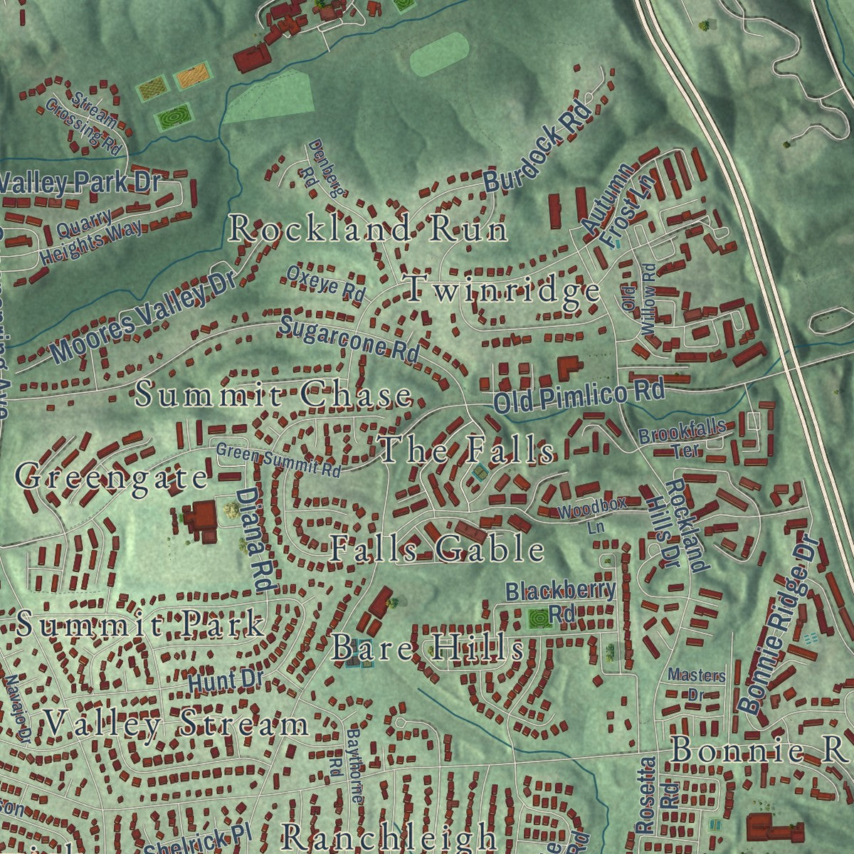 Close-up of the map of Pikesville, Maryland print showing street and building detail