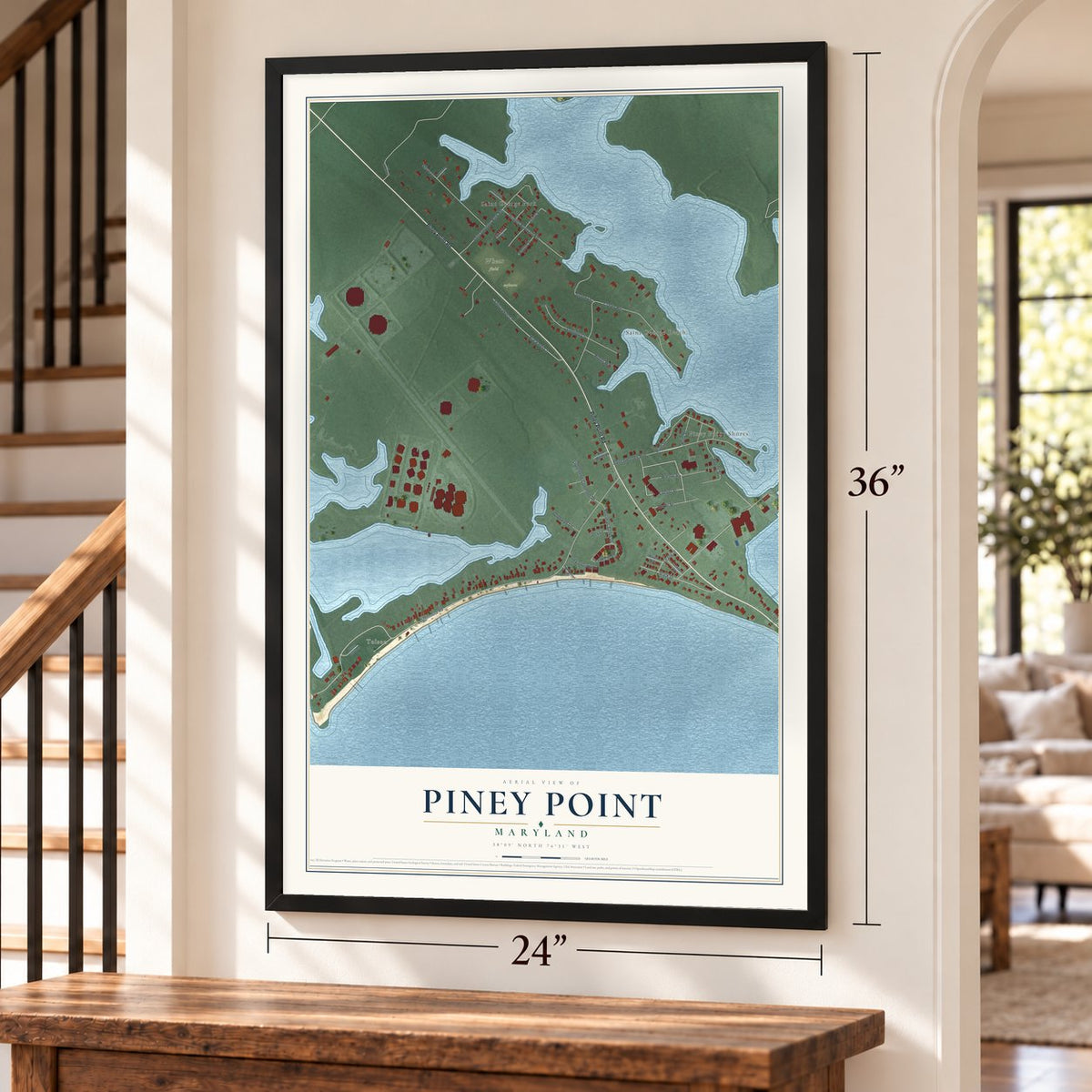Piney Point, Maryland map, 24 x 36 inch print in a black frame by a staircase