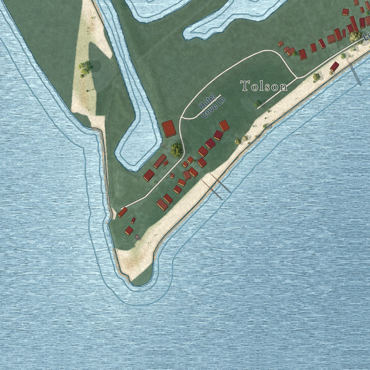 Close-up of the map of Piney Point, Maryland print showing street and building detail