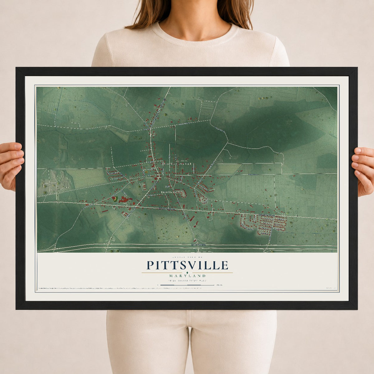 Map of Pittsville, Maryland, 18 x 24 inch print in a black wood frame