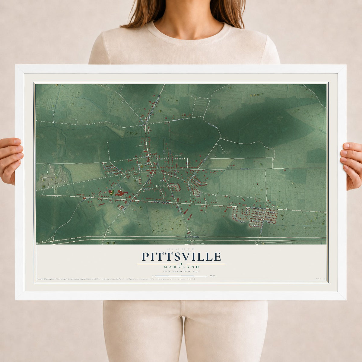 Map of Pittsville, Maryland, 18 x 24 inch print in a white wood frame