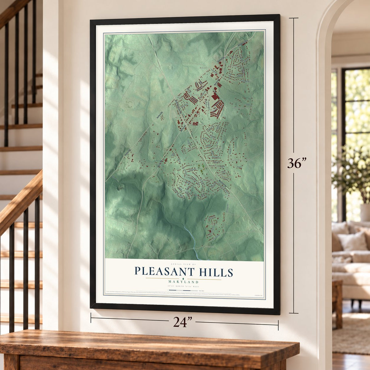 Pleasant Hills, Maryland map, 24 x 36 inch print in a black frame by a staircase