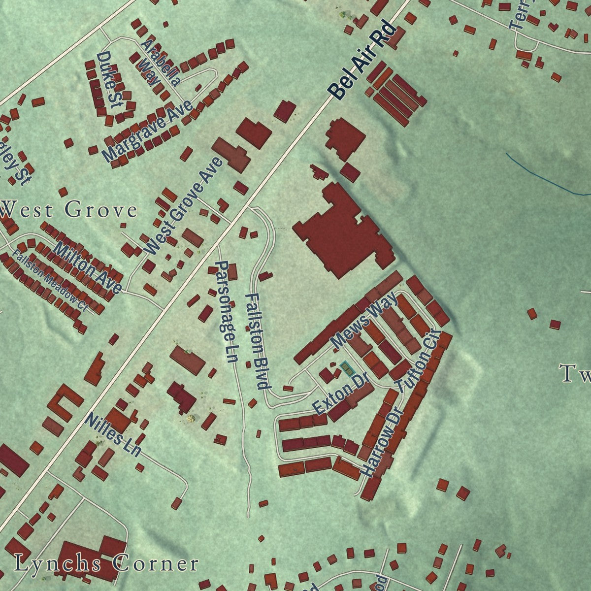 Close-up of the map of Pleasant Hills, Maryland print showing street and building detail
