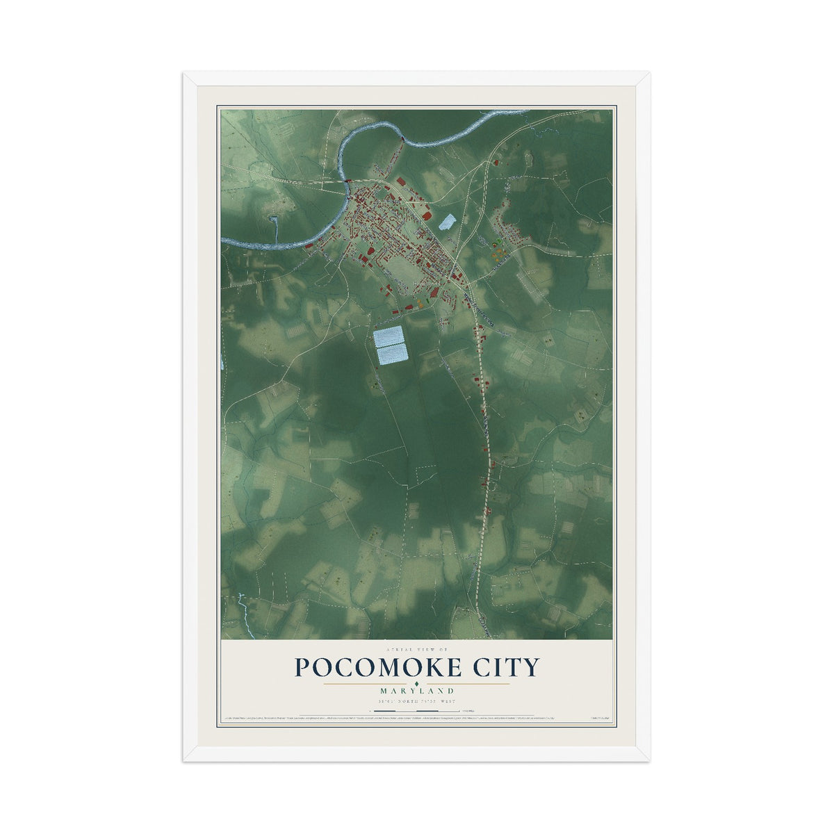Map of Pocomoke City, Maryland, 12 x 18 inch print in a white wood frame