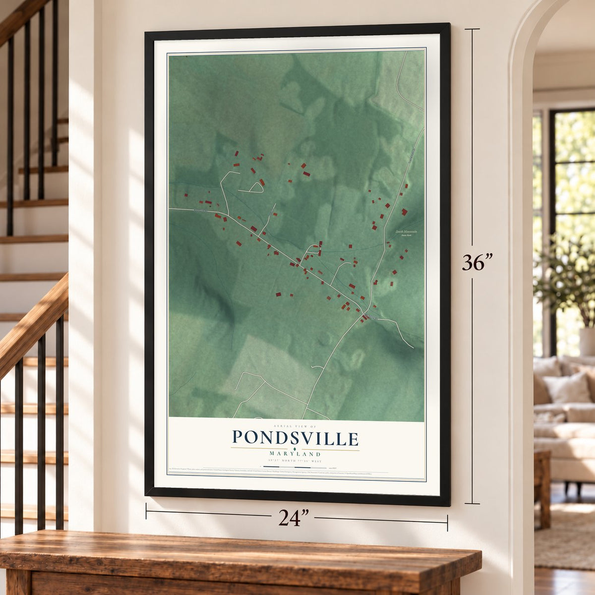 Pondsville, Maryland map, 24 x 36 inch print in a black frame by a staircase