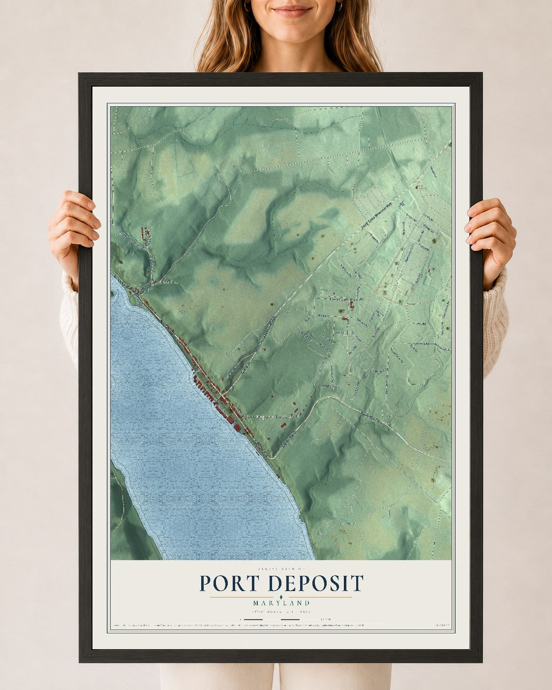 Map of Port Deposit, Maryland, 24 x 36 inch print in a black wood frame