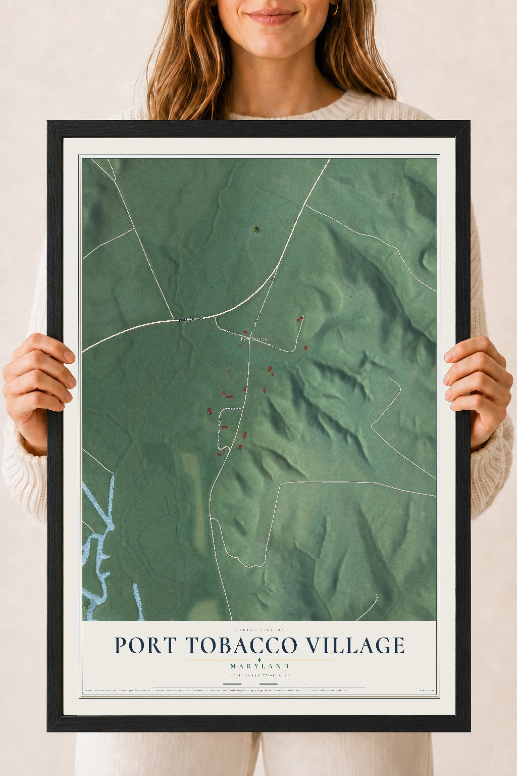 Map of Port Tobacco Village, Maryland, 18 x 24 inch print in a black wood frame