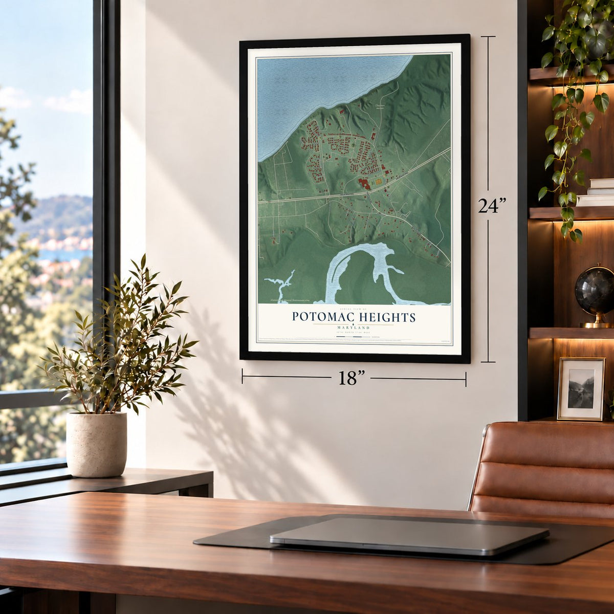 Potomac Heights, Maryland map, 18 x 24 inch print in a black frame in a home office