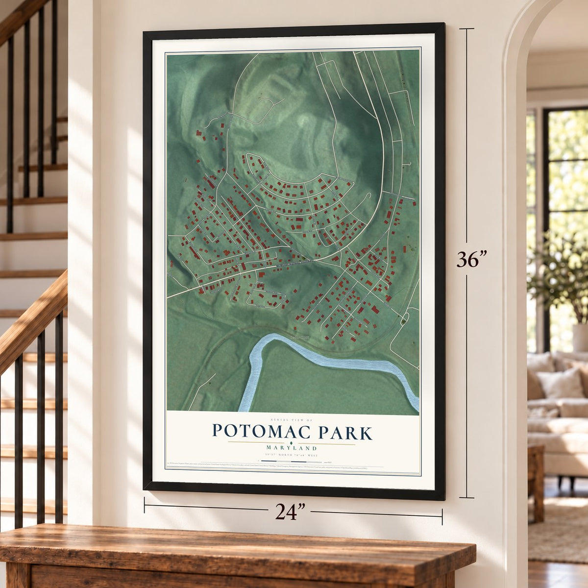 Potomac Park, Maryland map, 24 x 36 inch print in a black frame by a staircase