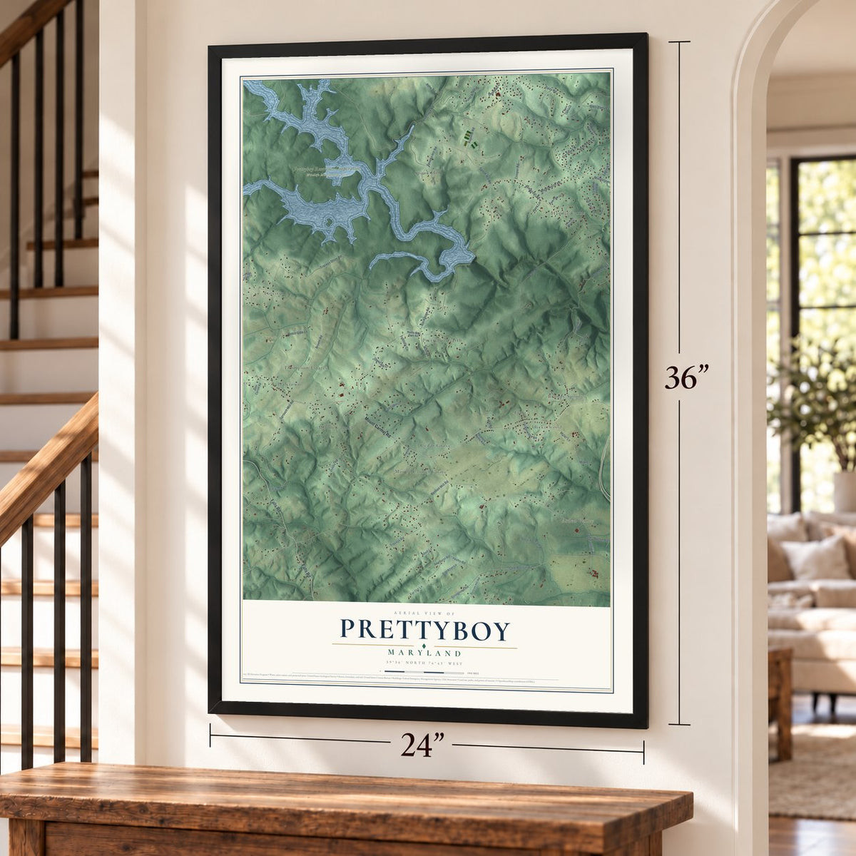 Prettyboy, Maryland map, 24 x 36 inch print in a black frame by a staircase