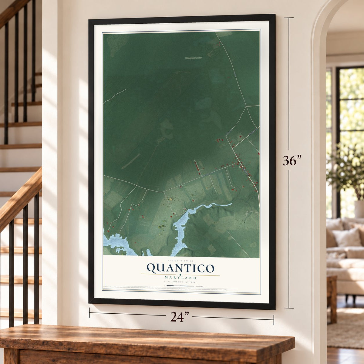 Quantico, Maryland map, 24 x 36 inch print in a black frame by a staircase
